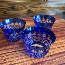 Blue Kiriko Glass Sake Cup Set   3 Pcs, Japanese Style, , Elegant Design