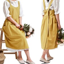 Japanese Cotton Cross Back Pinafore Apron for Women with Pockets Yellow