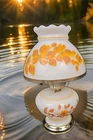 Gone With The Wind Milk Glass Lamp Brown Floral Leaves 14” Electric 3-Way Vntg