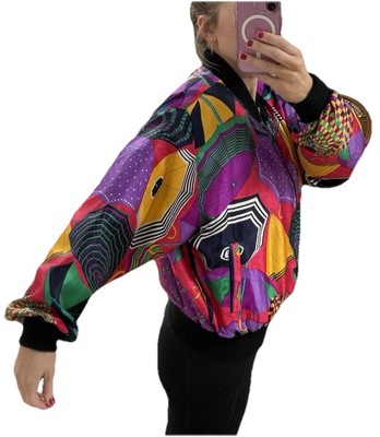 Vintage Satin Bomber Jacket 80s 90s Purple Yellow Black M/L Funky