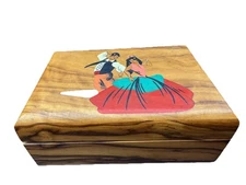 Vintage Wooden Jewelery Box From Spain Traditional Dancers RARE