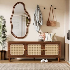 55-Inch Shoe Bench with Lift Top Storage, 2-Tier Entryway Bench with Rattan Door