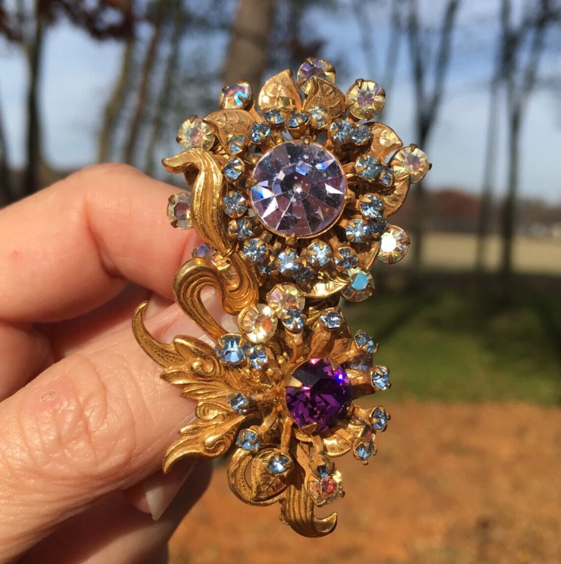Vintage Miriam Haskell Brooch Rare Rhinestone Flower Floral
