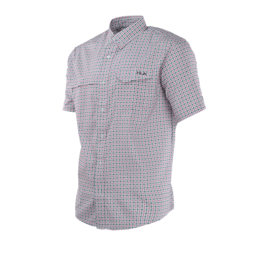 HUK Tide Point Woven Plaid SS Fishing Shirt Vented Pink/Grey Mens MED