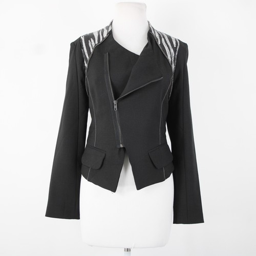 Poetry Sz L Black Silver Sequin Collared Pockets Lined 100% Polyester Jacket - Picture 2 of 22