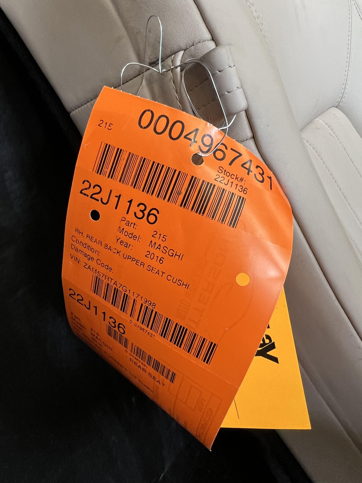 2016 MASERATI GHIBLI REAR PASSENGER BACK UPPER SEAT CUSHION HEADREST TAN LEATHER