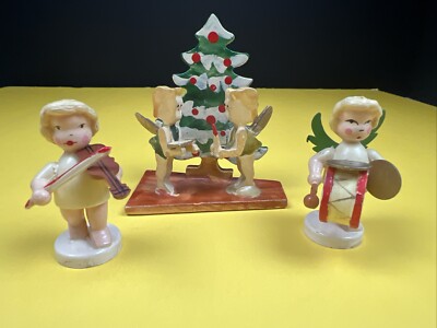 Vtg Wood Angel tree decoration Japan & 2 hard plastic angels Hong