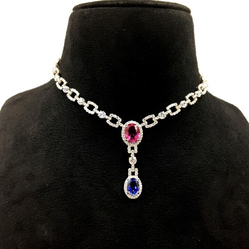 Stunning Square Link Royal Style Multi Color Gemstones Wedding Women's Necklace - Picture 6 of 11