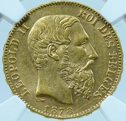 1878 BELGIUM King LEOPOLD II  GOLD 0.18oz Antique 20 Francs Coin NGC i121428