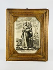 Antica Cornice Popolare In Legno Con Figura Sacra Icona Incisione Frate XIX Sec.