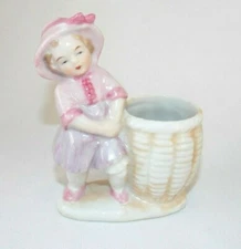 Small Girl Basket Bud Vase Toothpick Pin Holder Porcelain Hand-painted Vtg. Pink