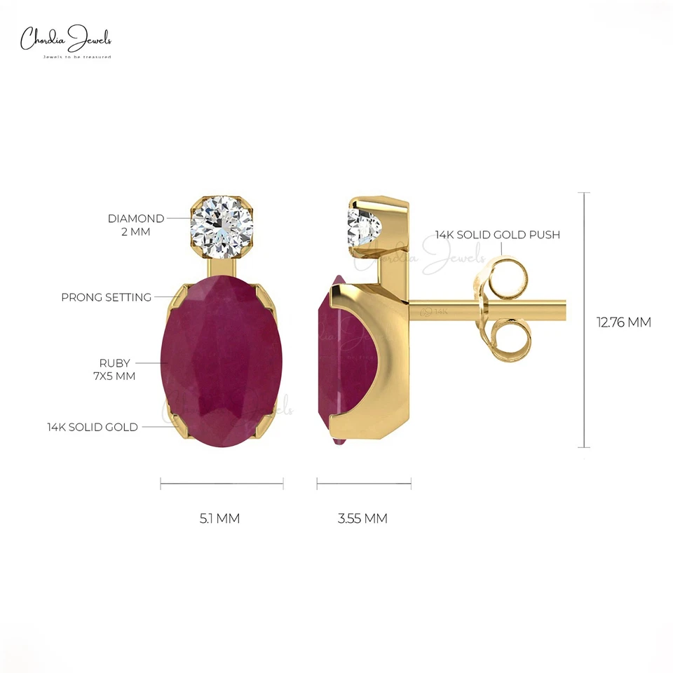 14k Solid Gold Natural Ruby Oval Stud Earrings with Diamond Accent Women Jewelry - Image 4 of 4