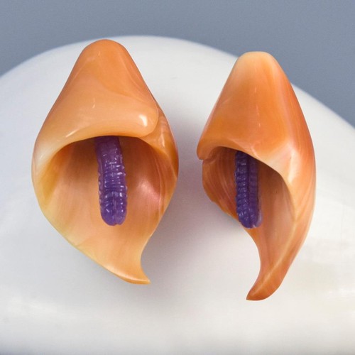 Cala Lily Flor Tallado Albaricoque y Púrpura Concha Pendientes Par Diseño 8.89g - Imagen 3 de 13