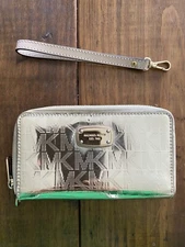 Michael Kors Wallet Wristlet Gold Tone Metallic Monogram Mirror Leather MK Logo