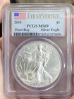 2015 PCGS MS69 FIRST STRIKE, FIRST DAY AMERICAN SILVER EAGLE ~ FLAG LABEL