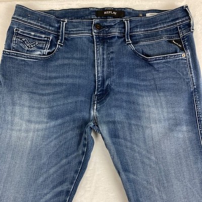 Mens Replay M914 ANBASS Jeans W38 L32 Stretch Slim Tapered Blue