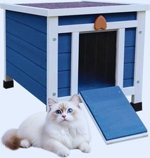 Weatherproof Blue Cat House, Wooden Outdoor Shelter for Feral Cats