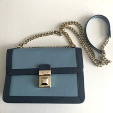 FURLA Shoulder Bag Leather Blue Gold Chain Strap Used From Japan Authentic