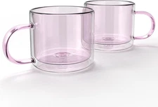 Elle Decor Double Wall Coffee Cups | Set of 2 | Cute 3.43"D X 2.95"H, Pink 