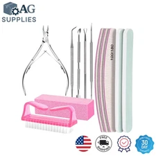 Stainless Steel Nail Care Set: Pink Buffer, Files & Cuticle Tools for Home Use