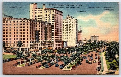 POSTCARD- Biscayne Blvd and hotels Miami FL