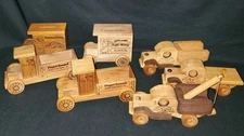 7 Vintage Handcrafted Wooden Vehicles/Trucks, 2 Banks, Toystalgia