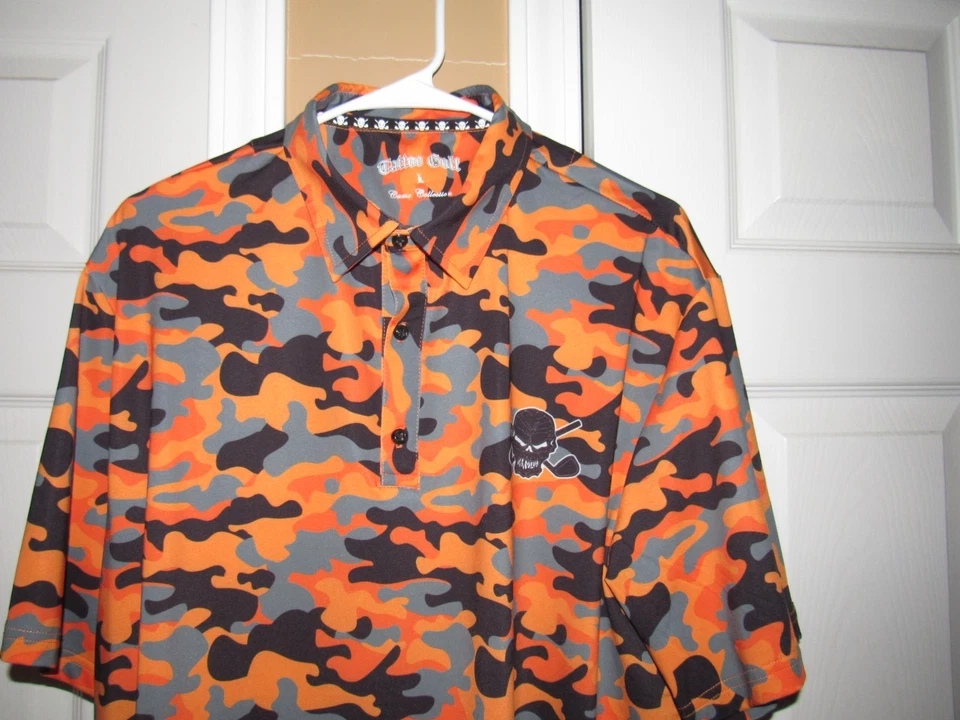 NWOT TATTOO GOLF Polo Golf Shirt Men's Large Orange Black Gray Camo Collection - Image 3 of 4