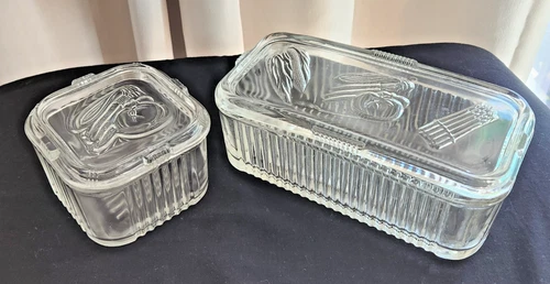 Anchor Hocking Ribbed Refrigerator Dish VTG w/ Lid and Vegetables On Lid
