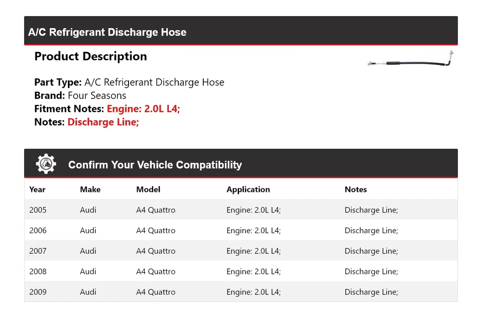 Manguera de descarga de refrigerante aire acondicionado L4 2,0 L 2005-2009 Audi A4 Quattro 4 estaciones Foto 2 de 4