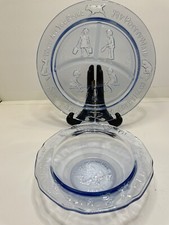 Vintage Set Indiana Tiara Glass Blue Plates Bowl Mother Goose Kids Dishes