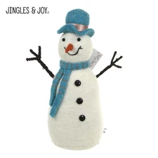 NEW Jingles & Joy SNOWMAN 10.5" Figurine Felt Winter White Blue Scarf Hat