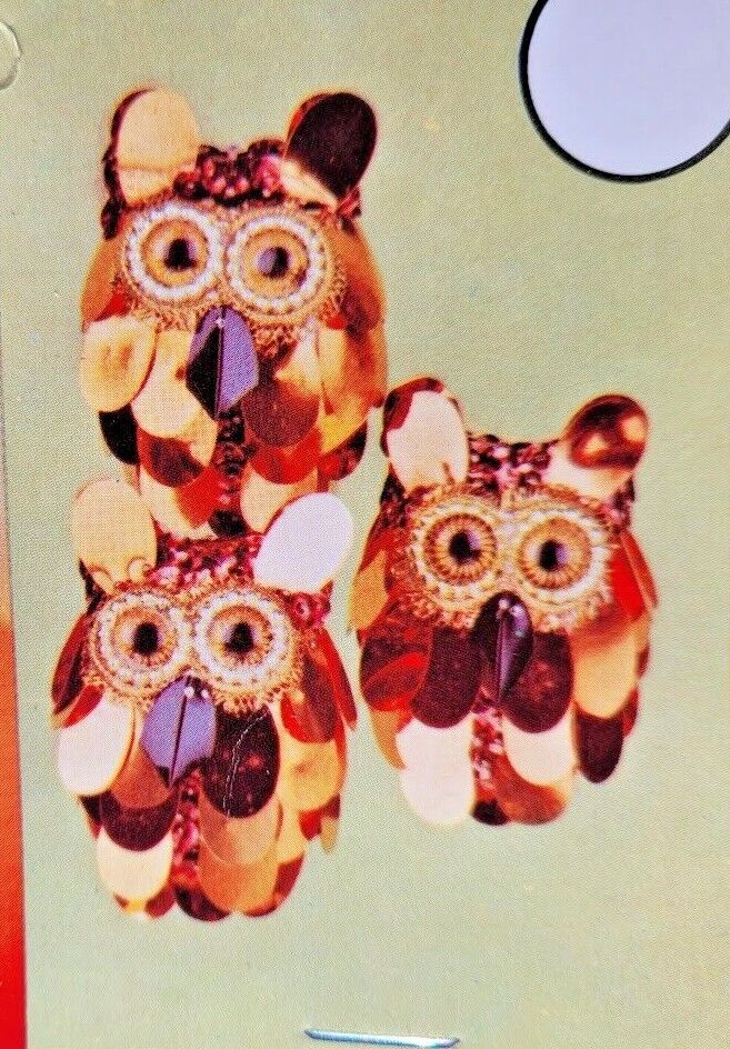 Walco OWL Makes 3 RARE Vtg 1977 Sequin Bead Christmas Ornament Craft Kit NOS
