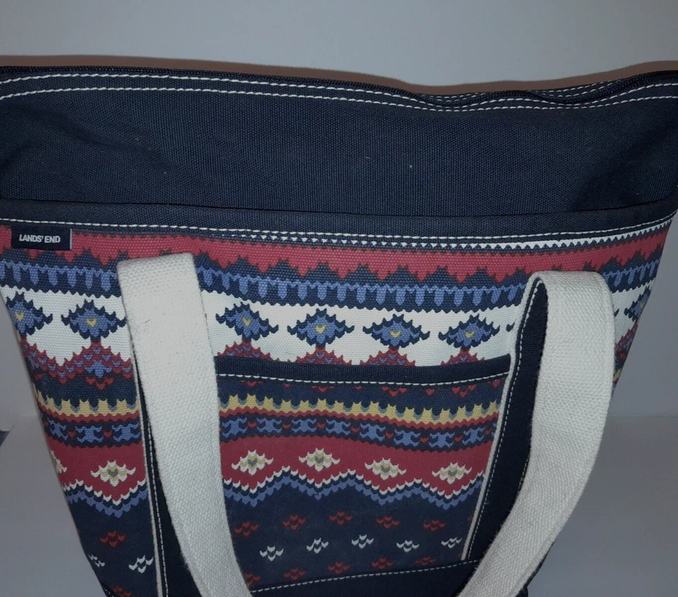 Bolso de Mano Lands End Usado en Excelente Condición Lona Cremallera NATIVO AZTEC Azul Rojo Amarillo Difícil de Encontrar Unisex Foto 4 de 4