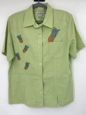 A.K.C. Lime Green Button Up Embroidered Pinapple Women's Blouse Size XL