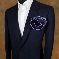 NEW - Men's 2-in-1 Pouf Round Pocket Square - Dark Purple Satin with Blue Trim