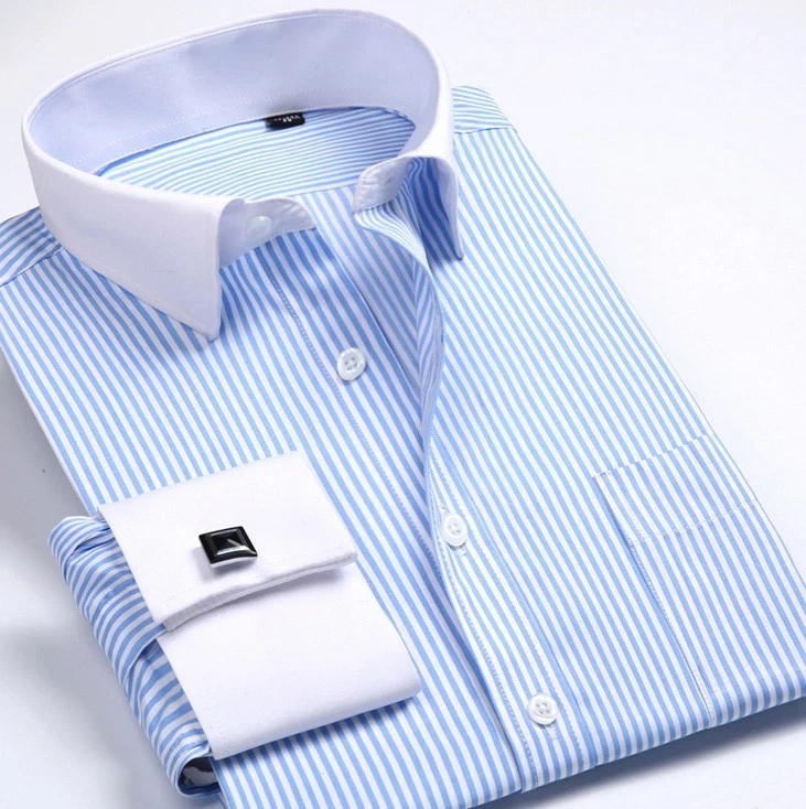 Mens Dress Shirts Luxury Striped Long Sleeves Formal French Cuff Casual Shirts - Image 3 of 4
