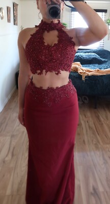 Maroon Burgundy Two Piece Prom Dress Long Halter Neck