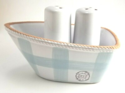 Mud Pie Salt Pepper Lake Boat Smoke Stacks Blue White Nautical Cottage A19 SP