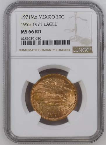 1971-Mo MEXICO 1955-1971 EAGLE 20 CENTAVOS NGC MS 66 RD COIN