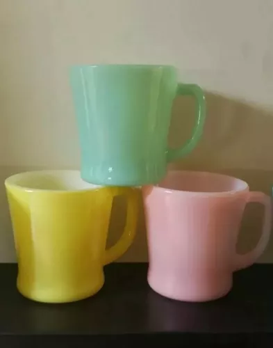 3 VINTAGE FIRE KING ANCHOR HOCKING JADEITE, PINK, & YELLOW D HANDLE MUGS 3