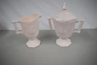 VINTAGE SHELL PINK MILK GLASS JEANETTE CREAMER & LIDDED SUGAR SERVERS