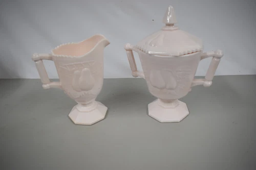 VINTAGE SHELL PINK MILK GLASS JEANETTE CREAMER & LIDDED SUGAR SERVERS