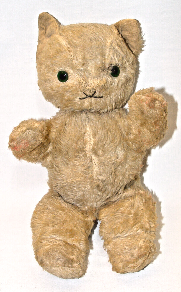 ANTIQUE STUFFED CAT, GLASS EYES. 10½