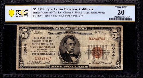 Billete de banco nacional BOA 1929 MONEDA SAN FRANCISCO CALIFORNIA PCGS B EN MUY BUEN ESTADO 20