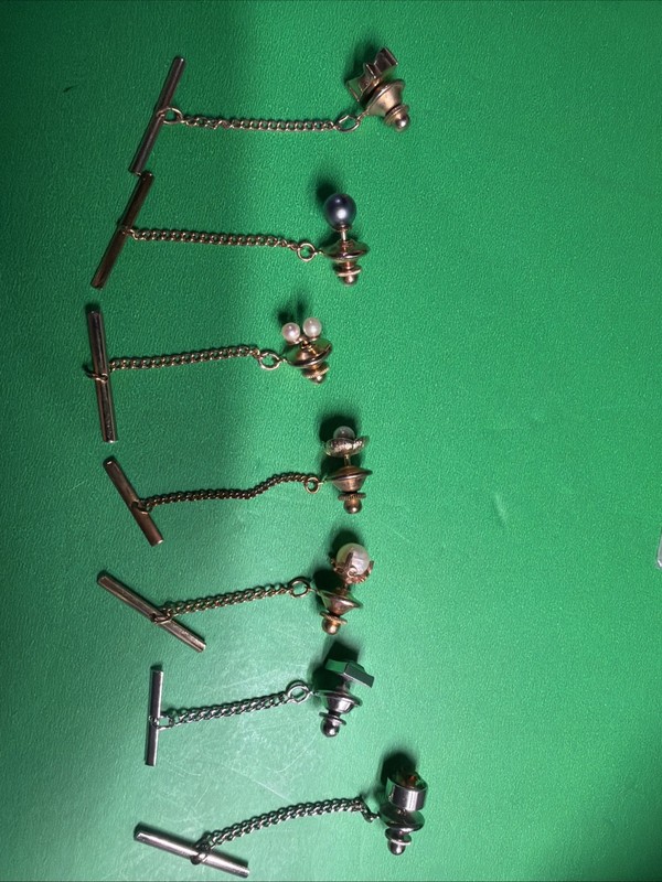 Vintage Tie Tack/Cufflink Lot 7 Chain Back Pearl Gold & Silver Tone Mens Jewelry
