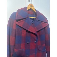 133. Vintage Plaid pea coat; blue and red