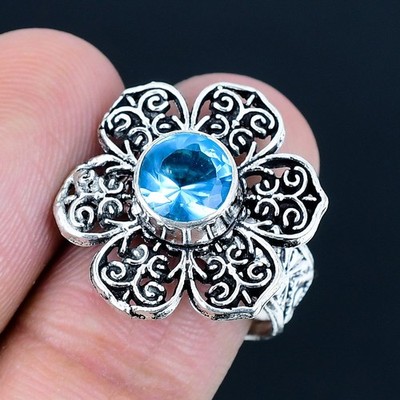 Schweizer Blautopas Edelstein Handarbeit 925 Sterling Silber Schmuck Ring Gr. 8,5