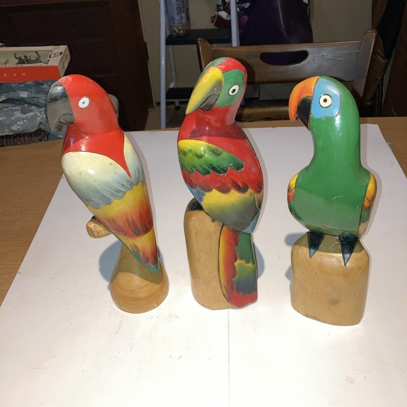 3 Hand Carved Wooden Colorful Parrots