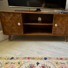 Brown Wood TV Stand Medium Tone Geometric 2 Doors Shelf Cable Mgmt Assembled