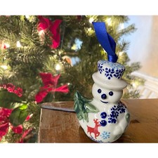 Polish Pottery Christmas Snowman Ornament Handmade Poland Manufaktura Tree Gift